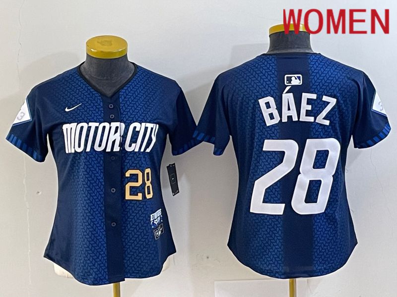 Women Detroit Tigers 28 Baez Blue City Edition Nike 2024 MLB Jersey style 2